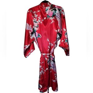 Red Satin Floral Peacock Kimono Robe Size XL